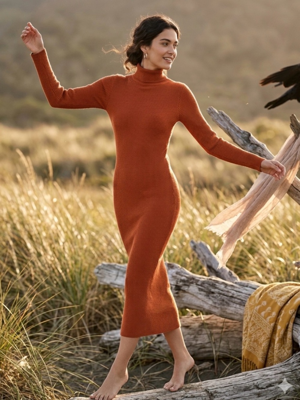 Caution To The Wind Ribbed Turtleneck Midi Dress - Rust Orange